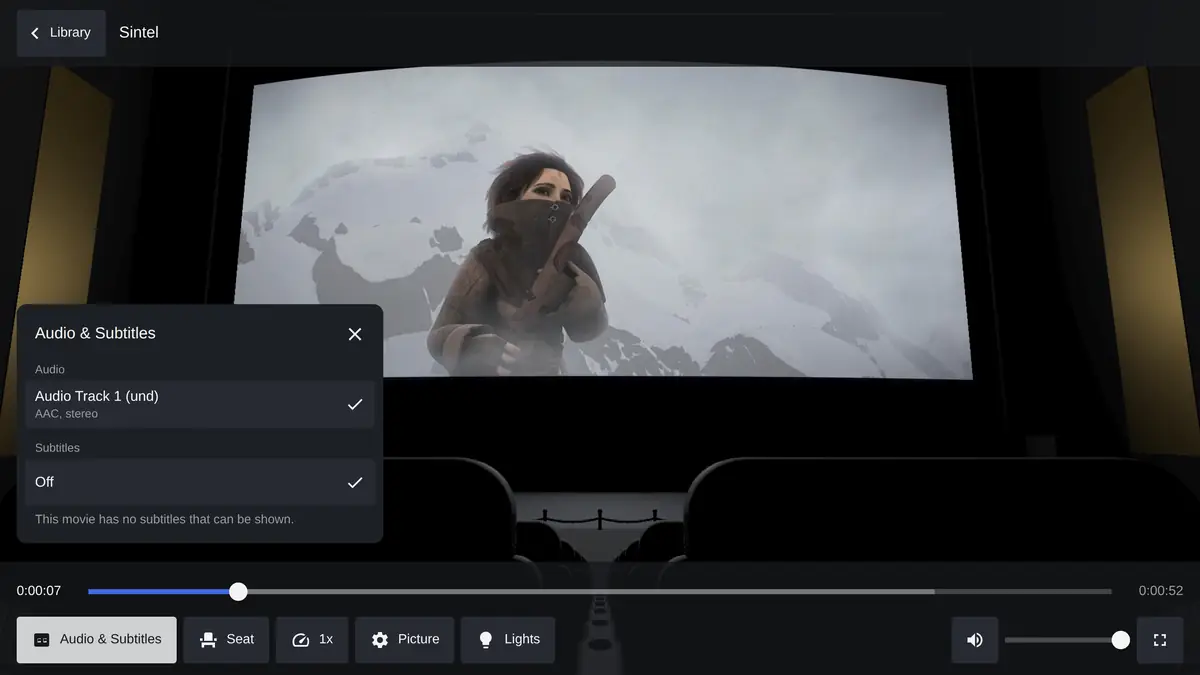 The player with its touch controls showing and the Audio and Subtitles panel open.