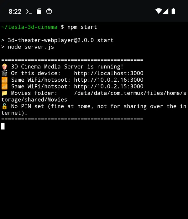 An Android phone running the Cinema 3D server in Termux, showing the address to open in the car.